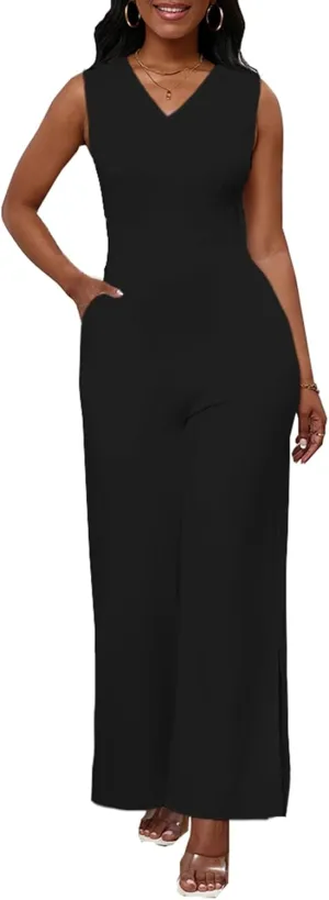 Bdwinz Womens Summer Sleeveless V Neck Jumpsuits Casual One Piece Wide Leg Long Jumpsuits for Women Dressy