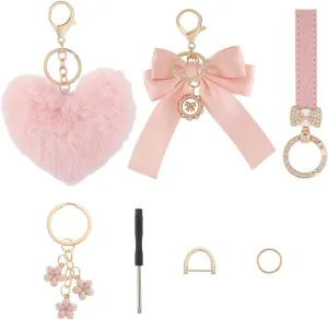 Beebeecraft 4Pcs 4 Styles Pink Keychain Wristlet Plush Heart Key Chain Alloy Enamel Flower Polyester Bow Pearl Beads Imitation Leather Charms Sets Decor for Car Keys Purses Bracelets Lanyards Bags