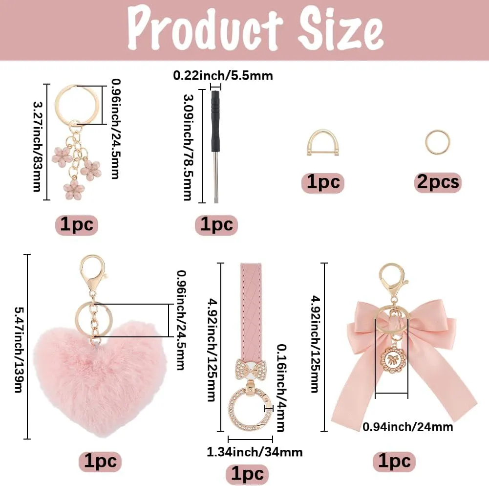 Beebeecraft 4Pcs 4 Styles Pink Keychain Wristlet Plush Heart Key Chain Alloy Enamel Flower Polyester Bow Pearl Beads Imitation Leather Charms Sets Decor for Car Keys Purses Bracelets Lanyards Bags