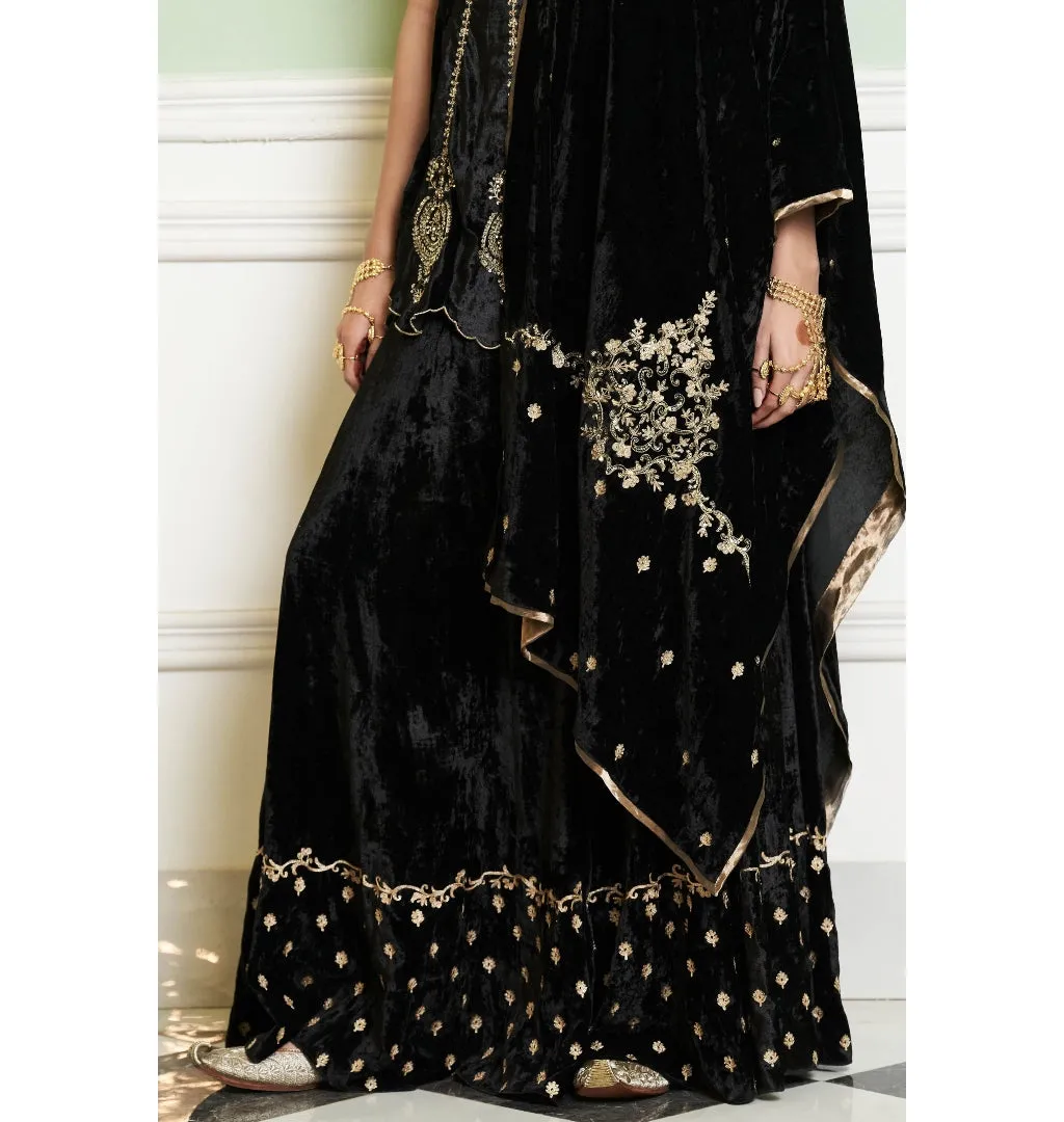 Black Embroidered Velvet Sharara Set