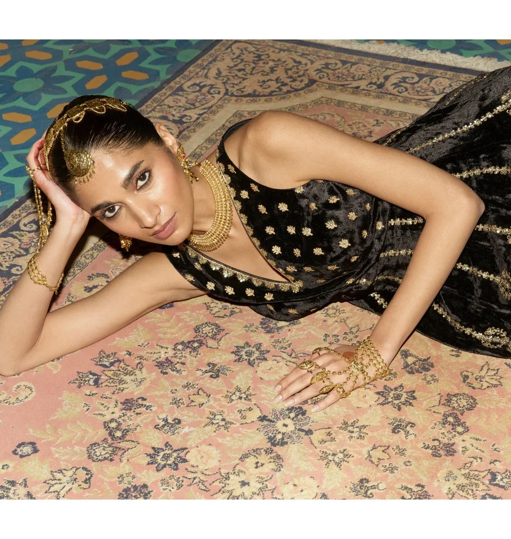 Black Embroidered Velvet Sharara Set
