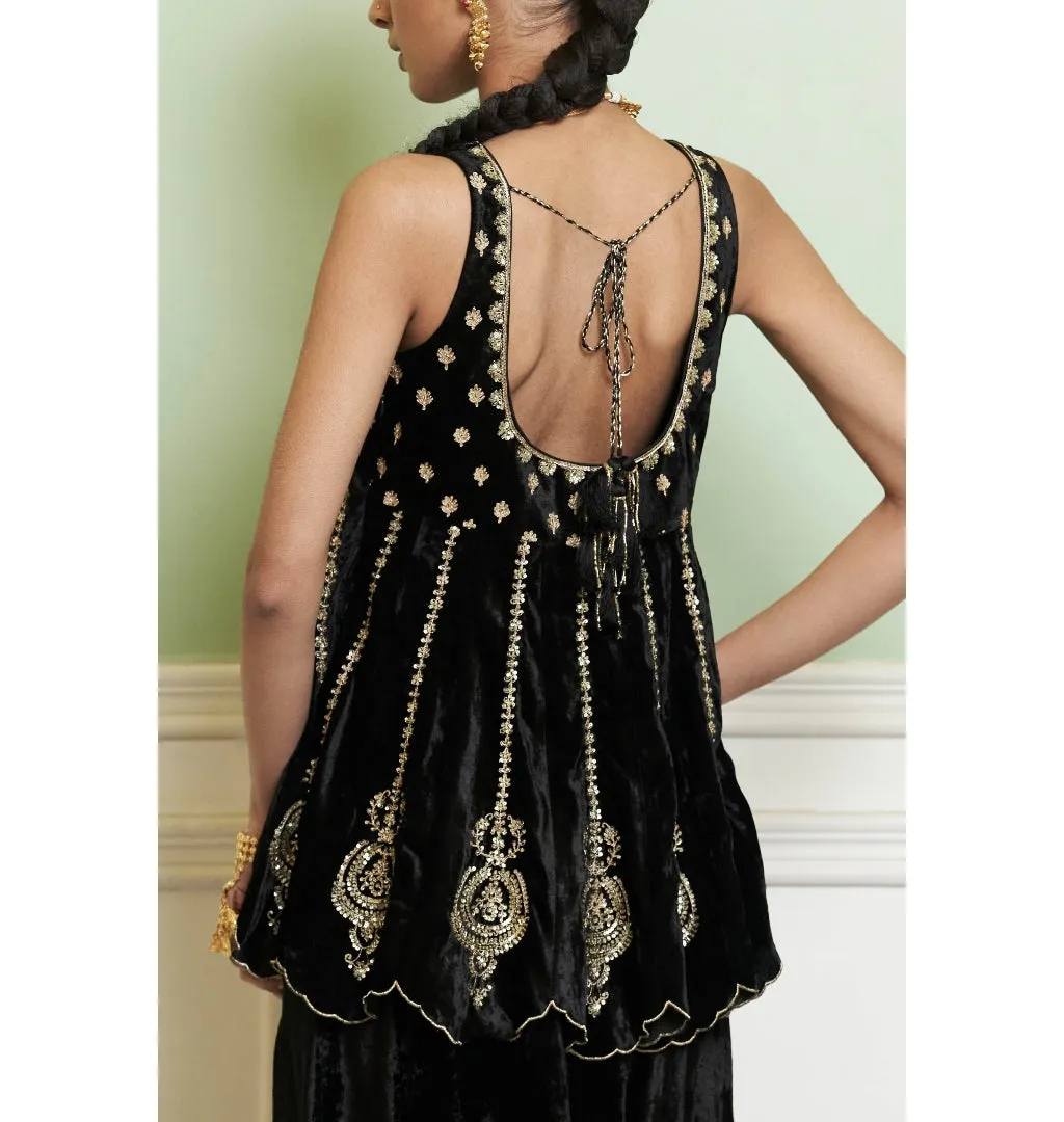 Black Embroidered Velvet Sharara Set