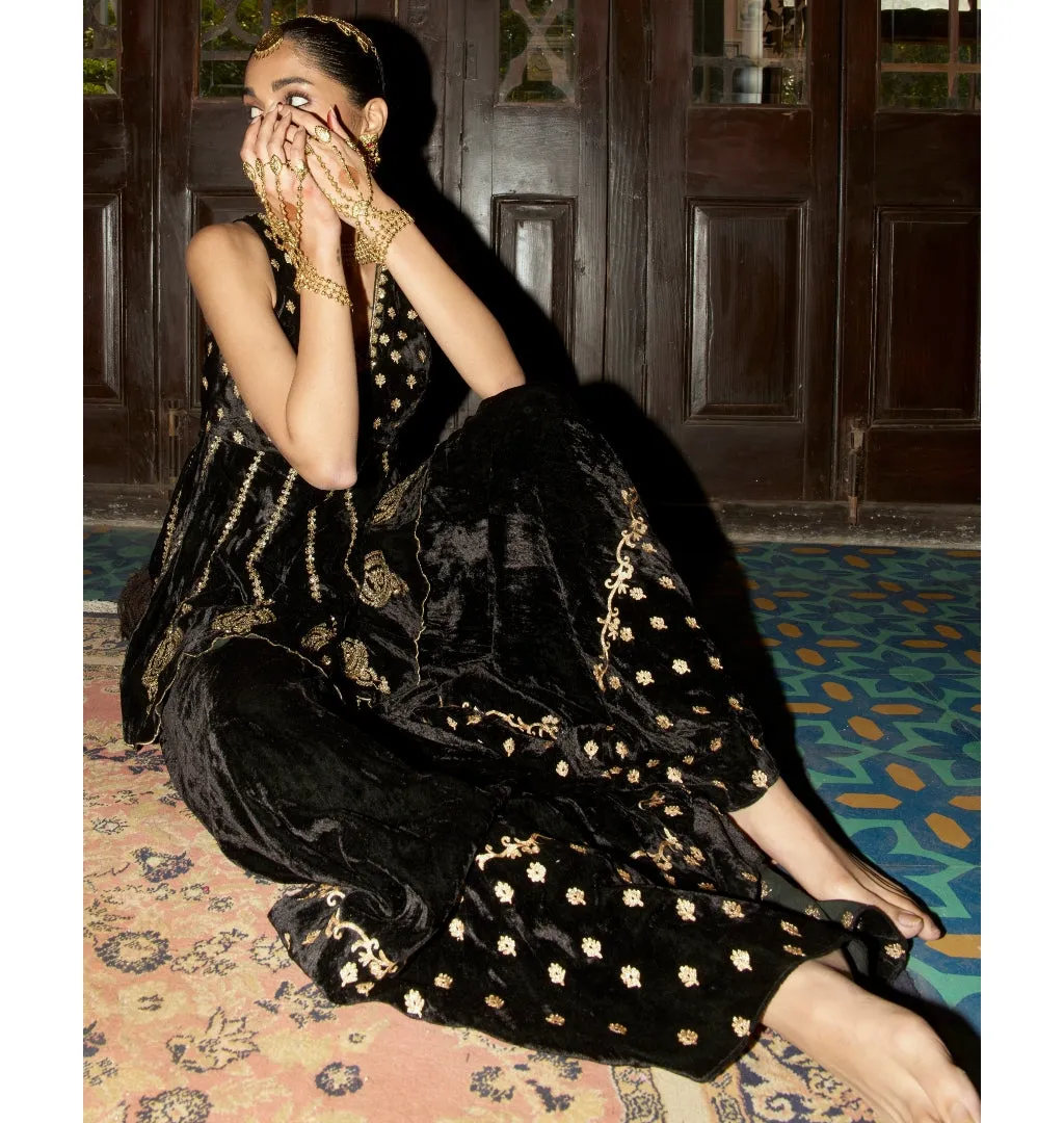 Black Embroidered Velvet Sharara Set