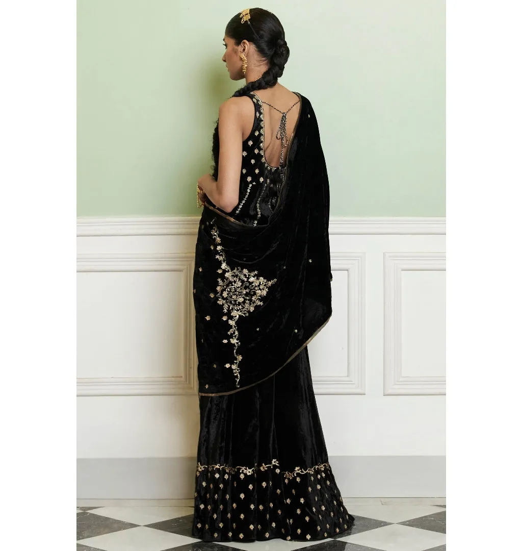 Black Embroidered Velvet Sharara Set