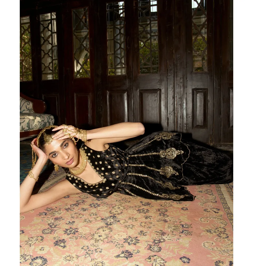 Black Embroidered Velvet Sharara Set
