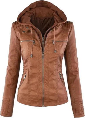 BOFETA Women Solid Color Long Sleeve Jackets Zipper Hooded Jacket Faux Leather Casual with Pockets Coat