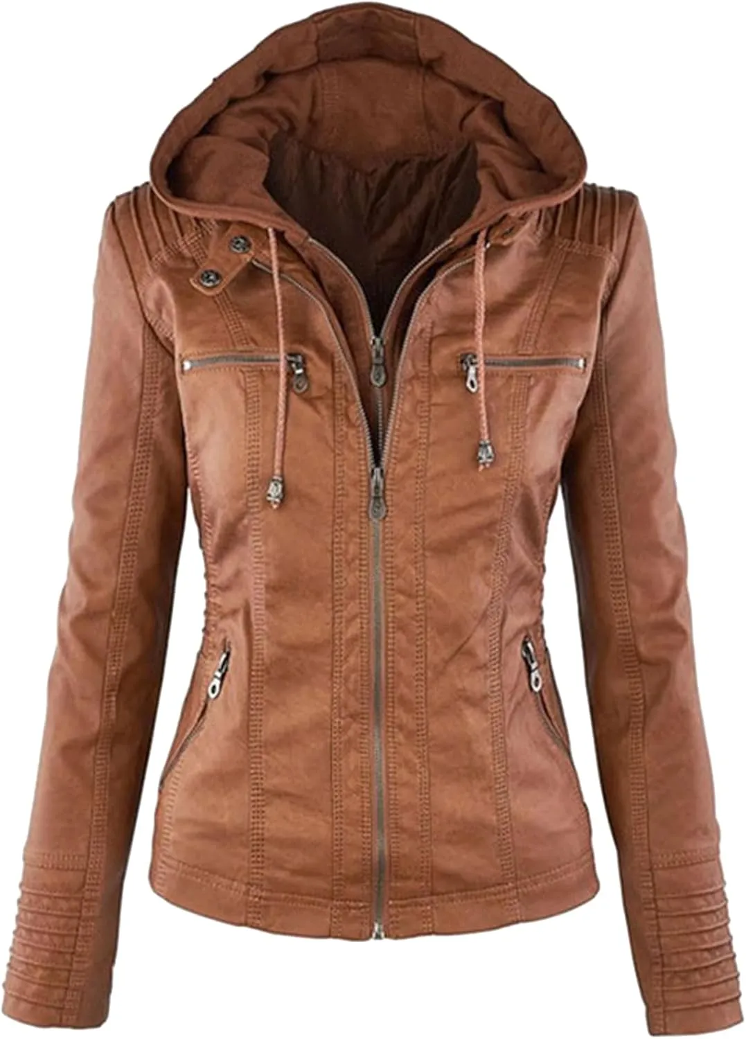 BOFETA Women Solid Color Long Sleeve Jackets Zipper Hooded Jacket Faux Leather Casual with Pockets Coat