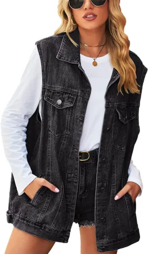 Bozanly Oversized Denim Vest for Women Vintage Distressed Button Down Sleeveless Jean Vest Jackets