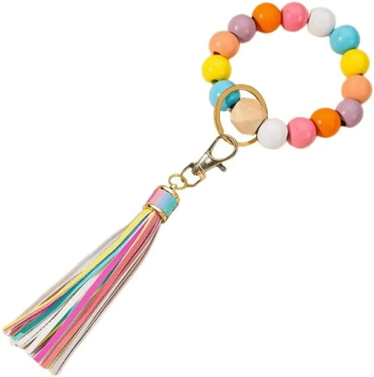 Bracelet Keychain Tassel Wooden Beads Wrist Keyrings Silicone Wrist Lanyard for Keys Leather Tassel Car Keychain Holder Wristlet Keychain Car Key Ring Holder for Women