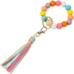 Bracelet Keychain Tassel Wooden Beads Wrist Keyrings Silicone Wrist Lanyard for Keys Leather Tassel Car Keychain Holder Wristlet Keychain Car Key Ring Holder for Women