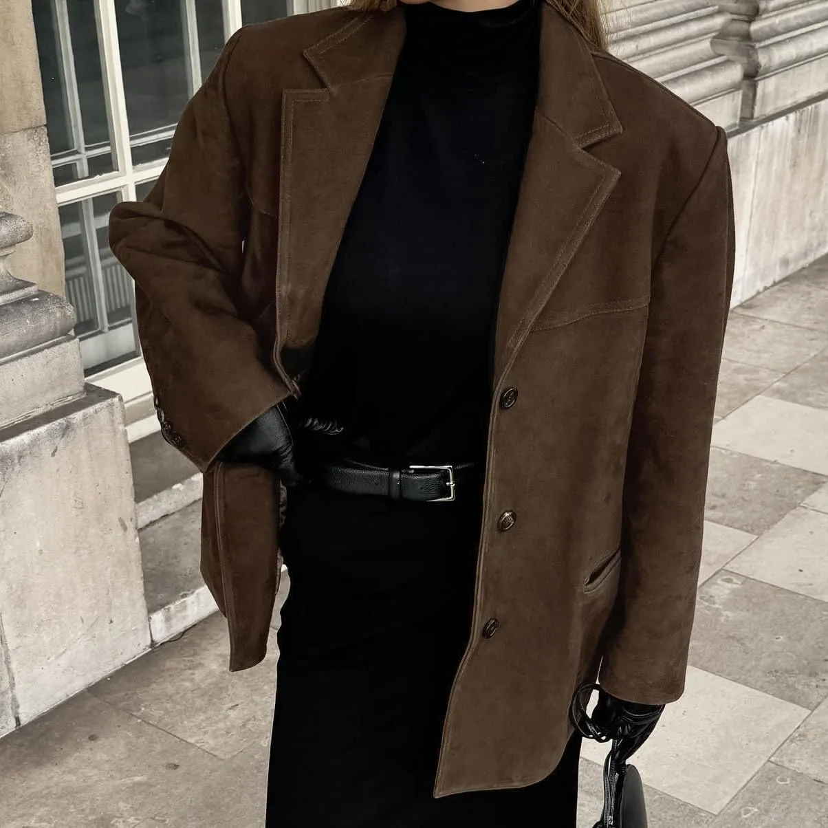 Brown Suede Jacket Women Suede Blazer Faux Suede Leather Suit Jacket Fall Aesthetics 2024 Trendy