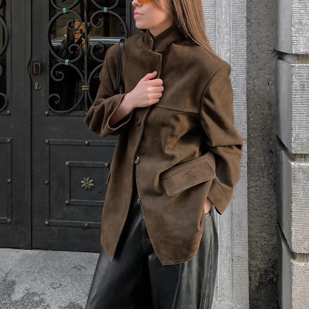 Brown Suede Jacket Women Suede Blazer Faux Suede Leather Suit Jacket Fall Aesthetics 2024 Trendy