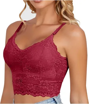Camisoles for Women Sexy Lace Spaghetti Strap Full Coverage Stretch Non-Padded Wireless Bras Slim Fit Cami Tank Top