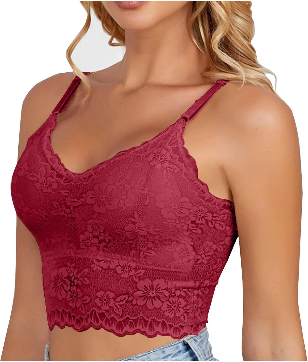 Camisoles for Women Sexy Lace Spaghetti Strap Full Coverage Stretch Non-Padded Wireless Bras Slim Fit Cami Tank Top