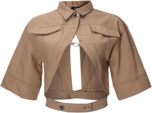 Casual Cropped Jacket Women Fall Fashion Short Sleeve Lace-up Coat Trendy Hollow Out Women's Clothes