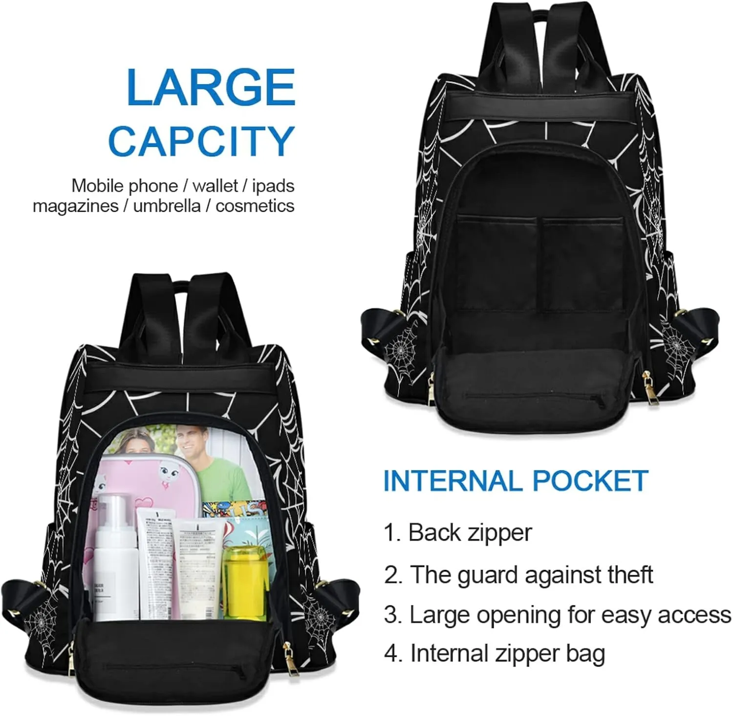 CBBYY Goth Spider Web Backpack Purse for Women Nylon Anti-theft Travel Backpack Lightweight Shoulder Bag with Plush Ball Keychain