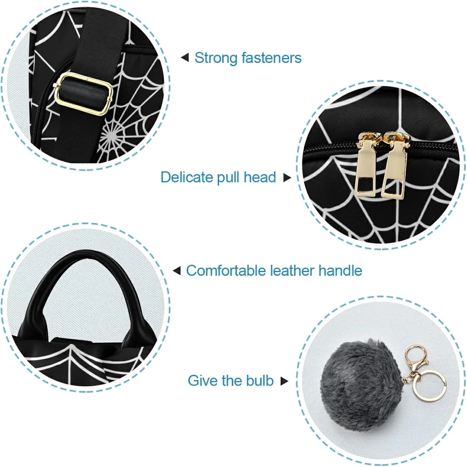 CBBYY Goth Spider Web Backpack Purse for Women Nylon Anti-theft Travel Backpack Lightweight Shoulder Bag with Plush Ball Keychain