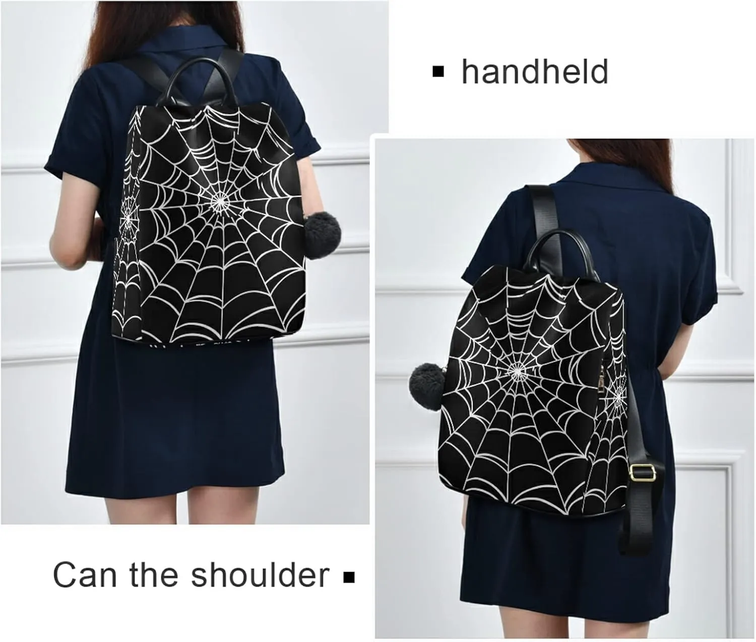CBBYY Goth Spider Web Backpack Purse for Women Nylon Anti-theft Travel Backpack Lightweight Shoulder Bag with Plush Ball Keychain