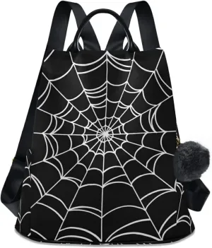 CBBYY Goth Spider Web Backpack Purse for Women Nylon Anti-theft Travel Backpack Lightweight Shoulder Bag with Plush Ball Keychain