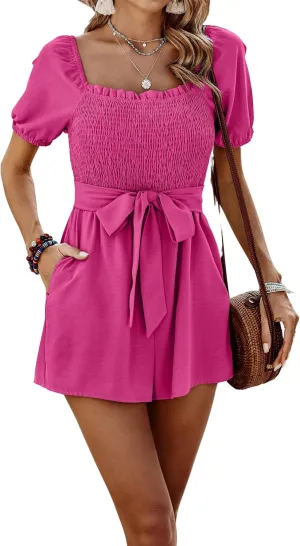 CCTOO Womens Rompers Smocked High Waist Ruffle Sleeves Short Outfits Jumpsuits with Belt