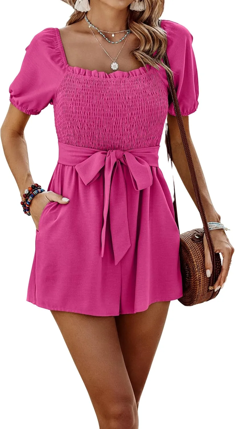CCTOO Womens Rompers Smocked High Waist Ruffle Sleeves Short Outfits Jumpsuits with Belt