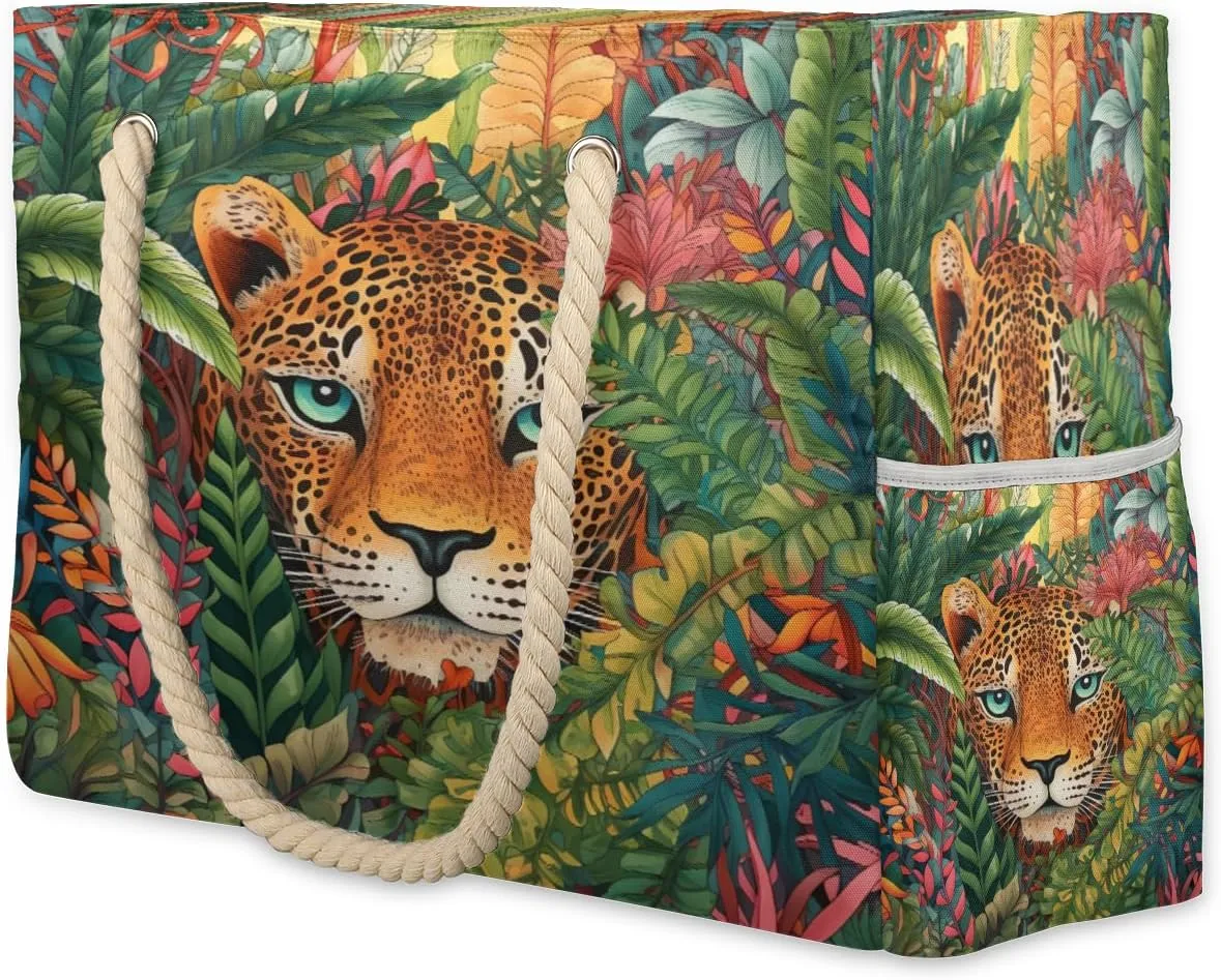 cfpolar Beach Bags for Women, Sandproof Beach Bag, Tropical Rainforest Leopard Waterproof Tote Pool Swim Bags with Wet Pocket, Travel Reusable Grocery Shopping Shoulder for Weekender Gifts Gym