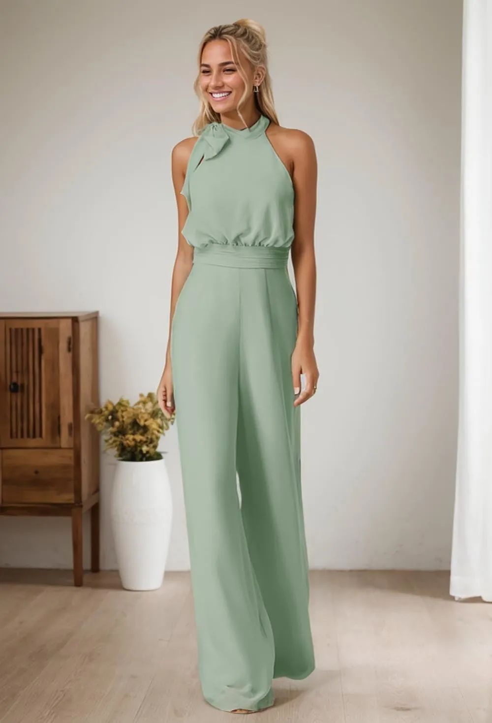 Chiffon Long Jumpsuits for Women Halter Wide Leg Long Pants Formal Rompers Wedding Guest Outfits