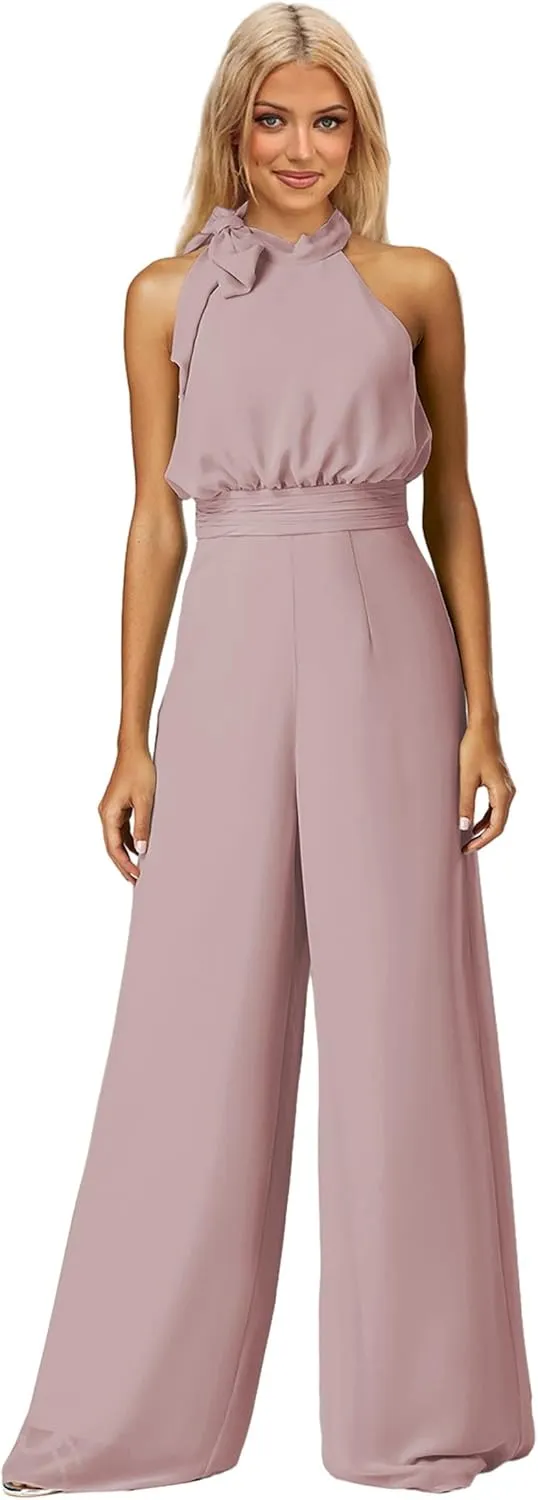 Chiffon Long Jumpsuits for Women Halter Wide Leg Long Pants Formal Rompers Wedding Guest Outfits