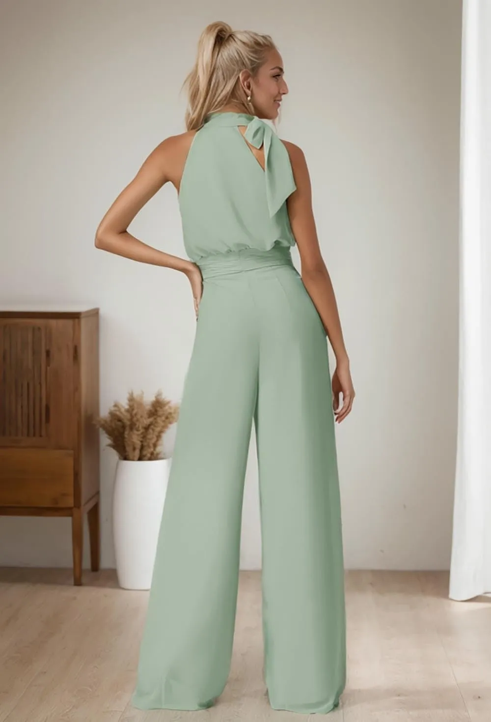 Chiffon Long Jumpsuits for Women Halter Wide Leg Long Pants Formal Rompers Wedding Guest Outfits