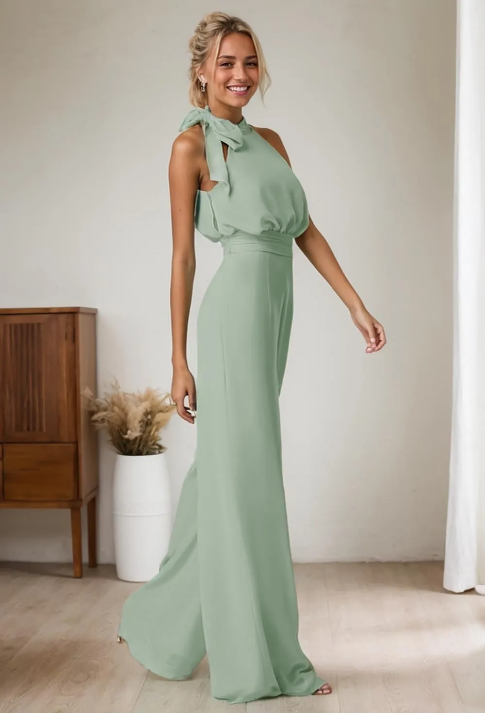 Chiffon Long Jumpsuits for Women Halter Wide Leg Long Pants Formal Rompers Wedding Guest Outfits