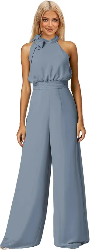 Chiffon Long Jumpsuits for Women Halter Wide Leg Long Pants Formal Rompers Wedding Guest Outfits