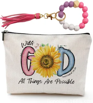 Christian Bible Verse Gift for Women Makeup Bag, Motivational Gift, Zippered Bible Verse Cosmetic Bag, With God All Things Are Possible