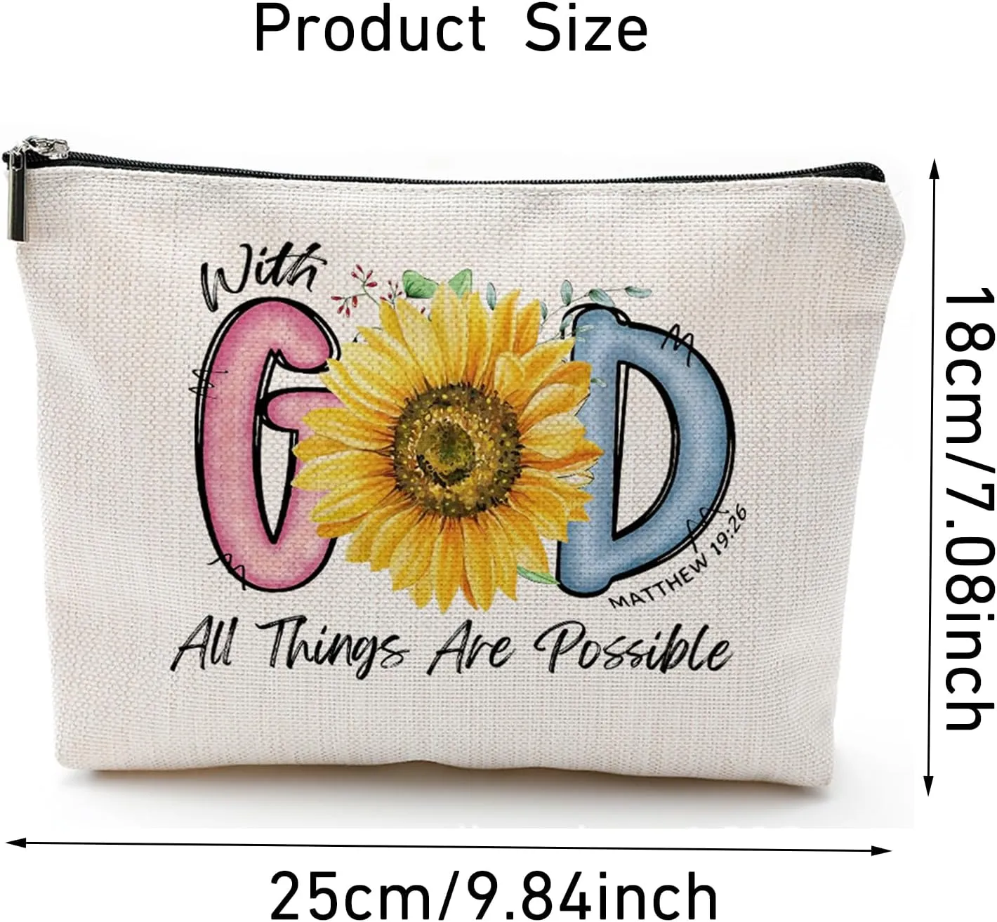 Christian Bible Verse Gift for Women Makeup Bag, Motivational Gift, Zippered Bible Verse Cosmetic Bag, With God All Things Are Possible