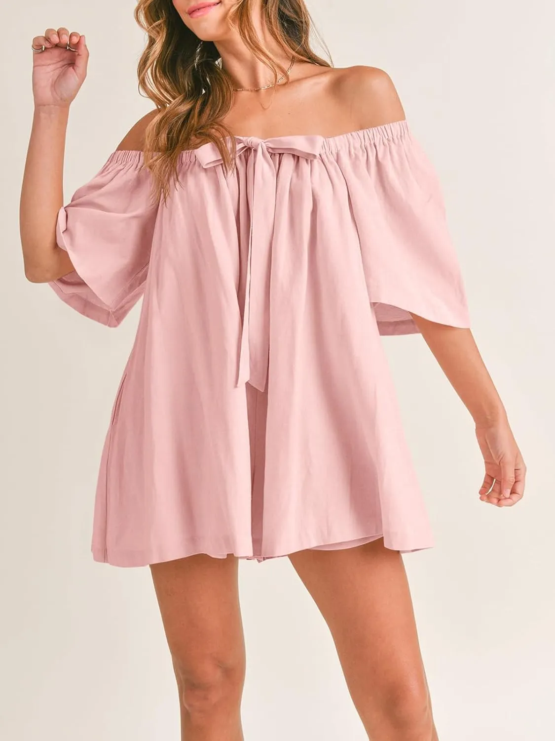 Cicy Bell Womens Summer Square Neck Romper Short Sleeve Backless Tie Front Flowy Short Jumpsuit Beach Vacation Outfits