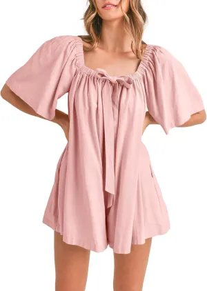 Cicy Bell Womens Summer Square Neck Romper Short Sleeve Backless Tie Front Flowy Short Jumpsuit Beach Vacation Outfits