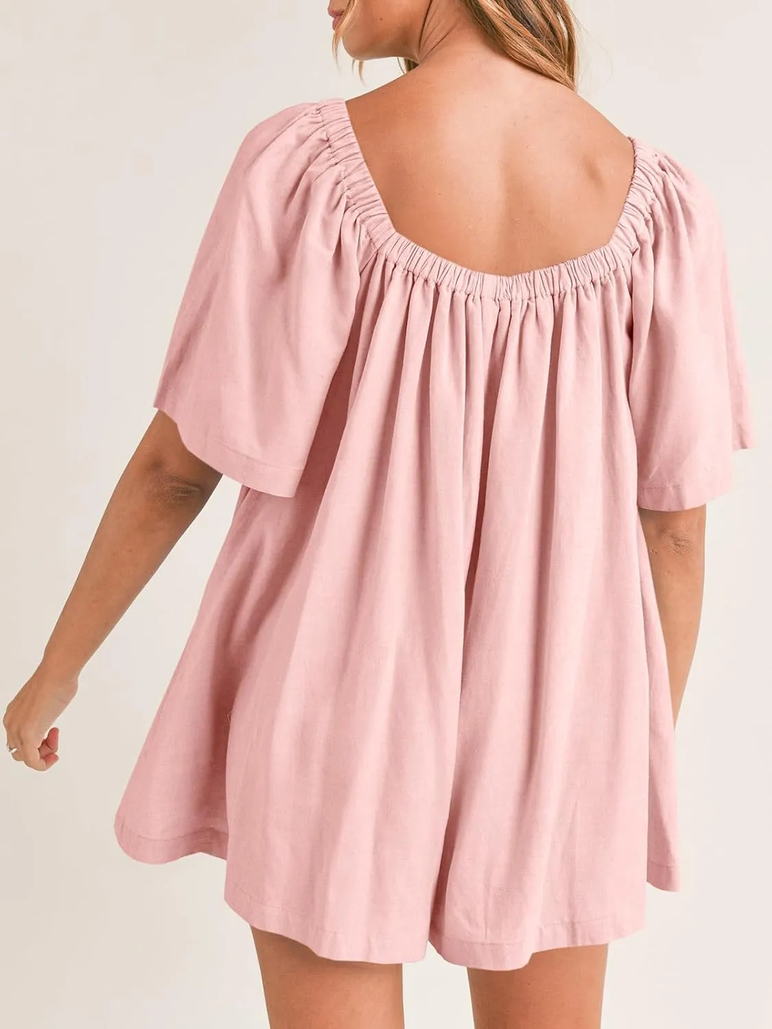 Cicy Bell Womens Summer Square Neck Romper Short Sleeve Backless Tie Front Flowy Short Jumpsuit Beach Vacation Outfits