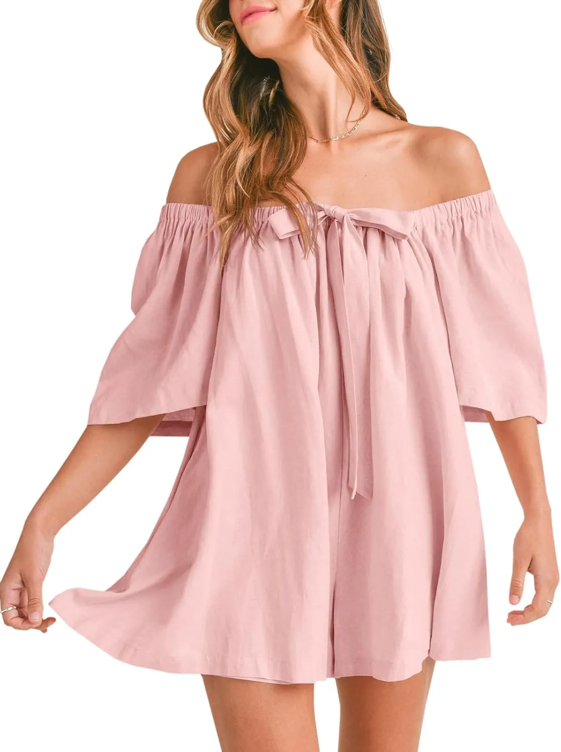 Cicy Bell Womens Summer Square Neck Romper Short Sleeve Backless Tie Front Flowy Short Jumpsuit Beach Vacation Outfits
