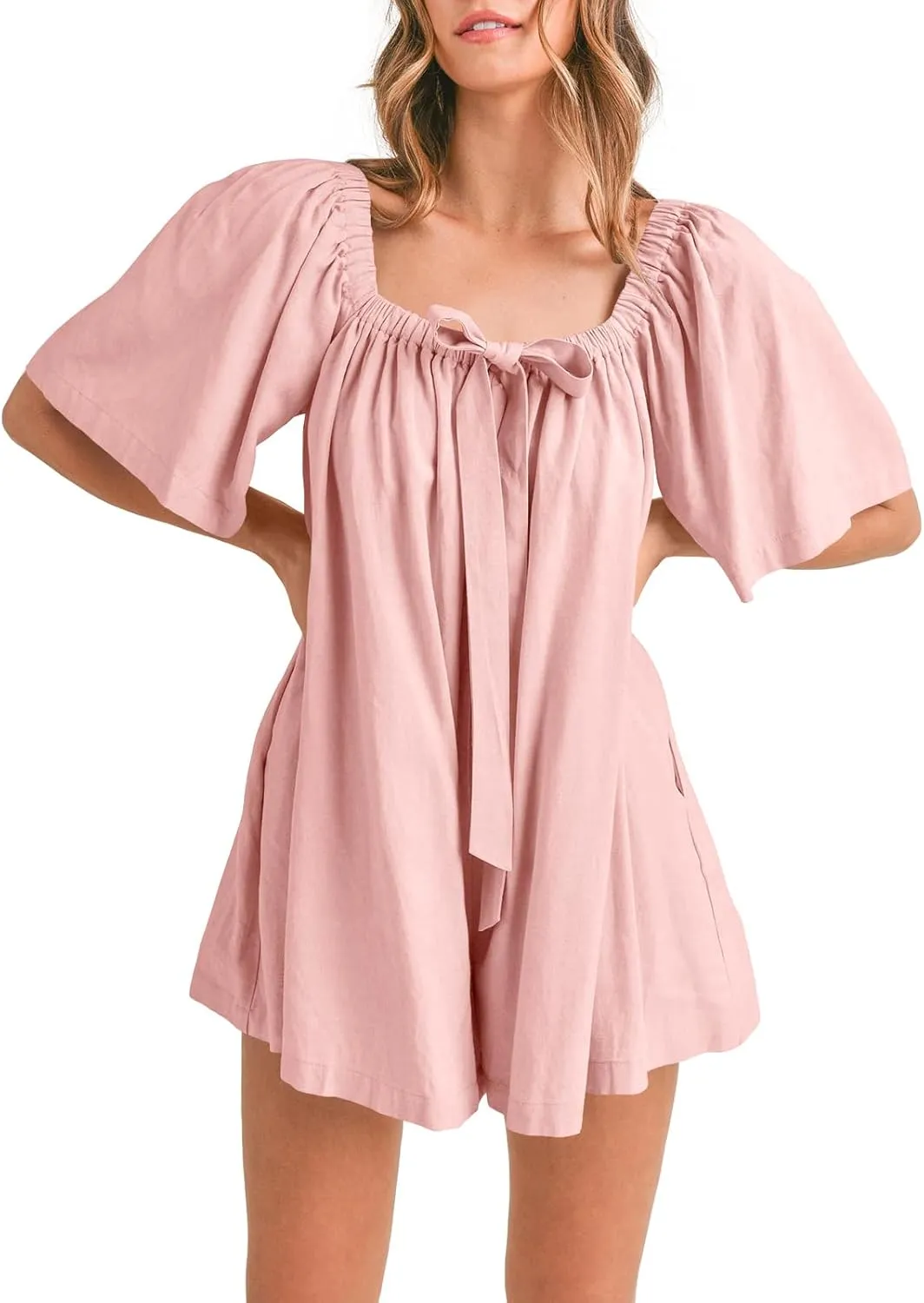 Cicy Bell Womens Summer Square Neck Romper Short Sleeve Backless Tie Front Flowy Short Jumpsuit Beach Vacation Outfits