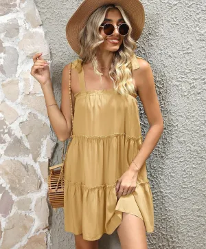 Clarisbelle Women Summer Tie Strap Ruffle Flowy Babydoll Mini Dress