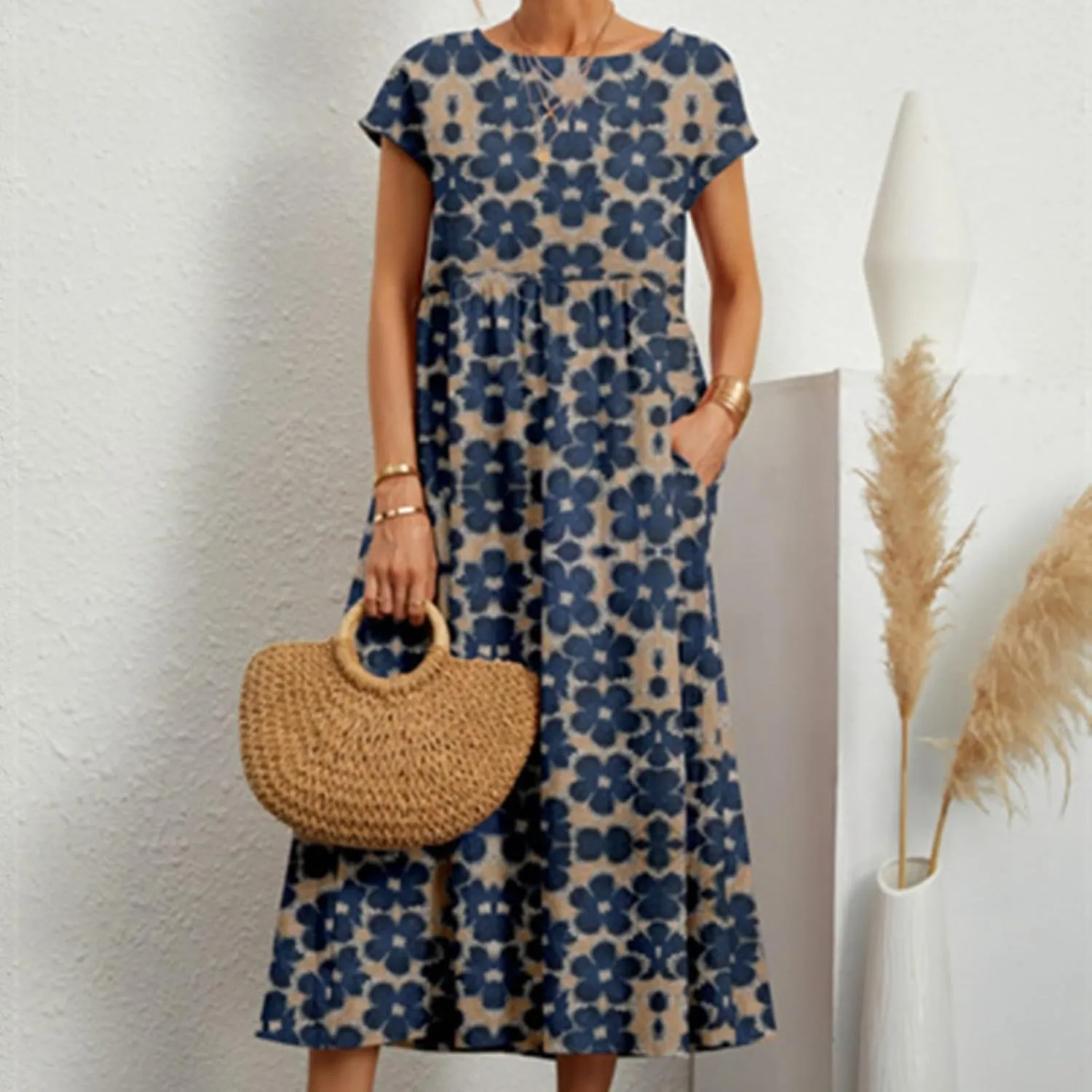 Cotton Linen Dresses for Women 2024 Casual High Waisted Pleated Short Sleeves Midi Dress Loose Pockets Beach Sundress
