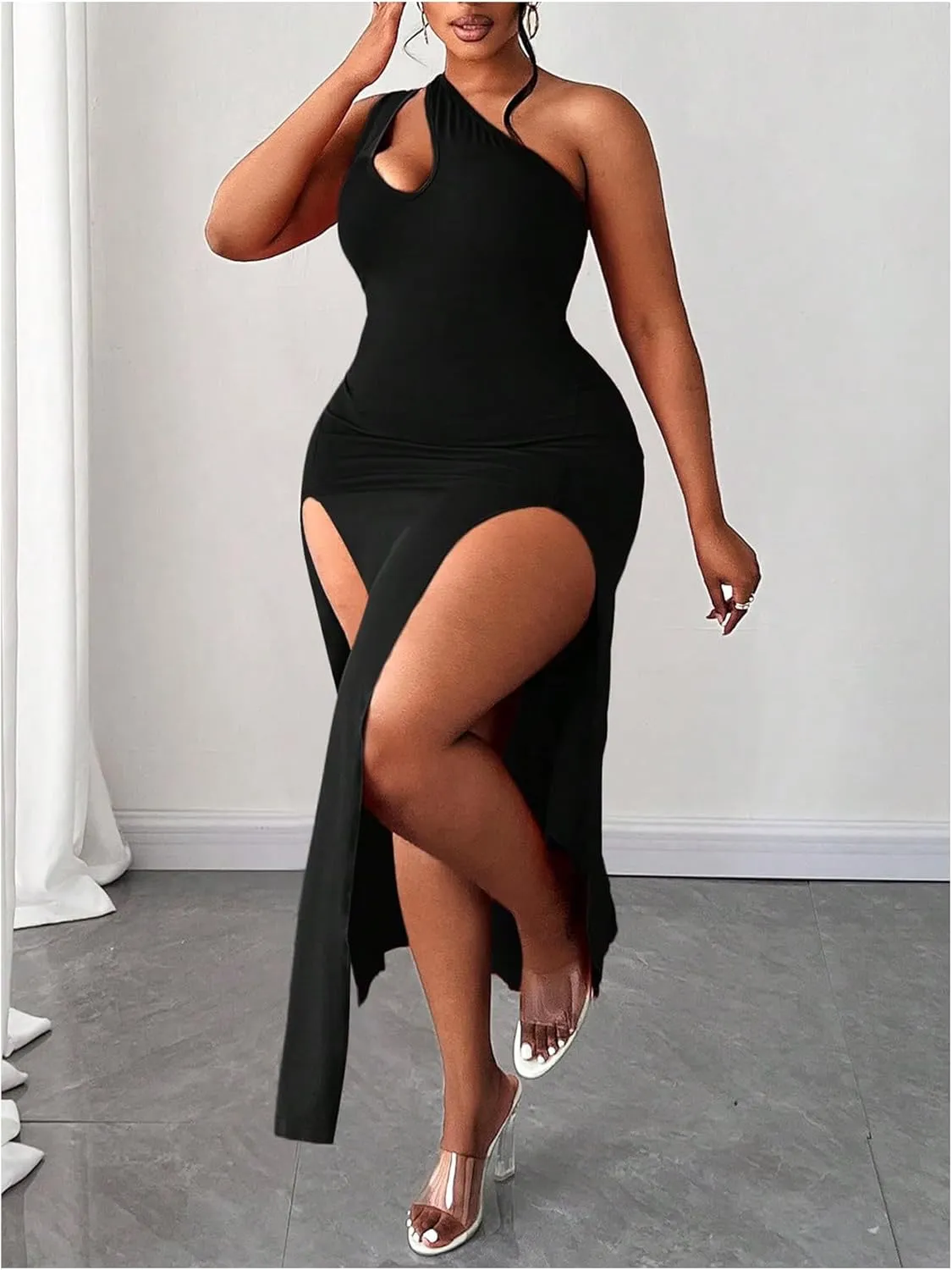 COZYEASE Women's Plus Size Cut Out One Shoulder Dress Sleeveless Split Thigh Bodycon Midi Dress