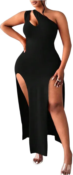 COZYEASE Women's Plus Size Cut Out One Shoulder Dress Sleeveless Split Thigh Bodycon Midi Dress