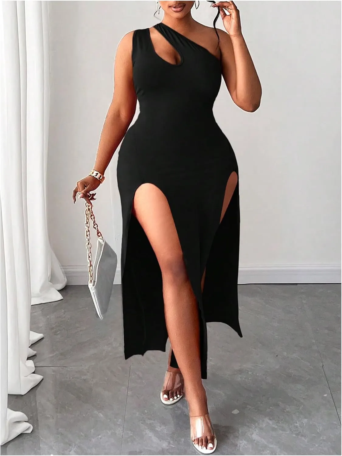 COZYEASE Women's Plus Size Cut Out One Shoulder Dress Sleeveless Split Thigh Bodycon Midi Dress