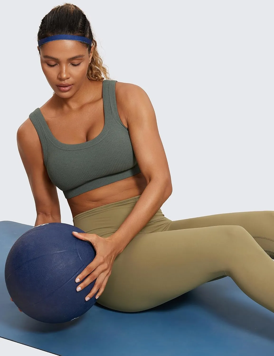 CRZ YOGA Ribbed Sports Bras for Women - U Back Wireless Medium Impact Padded Yoga Workout Cami