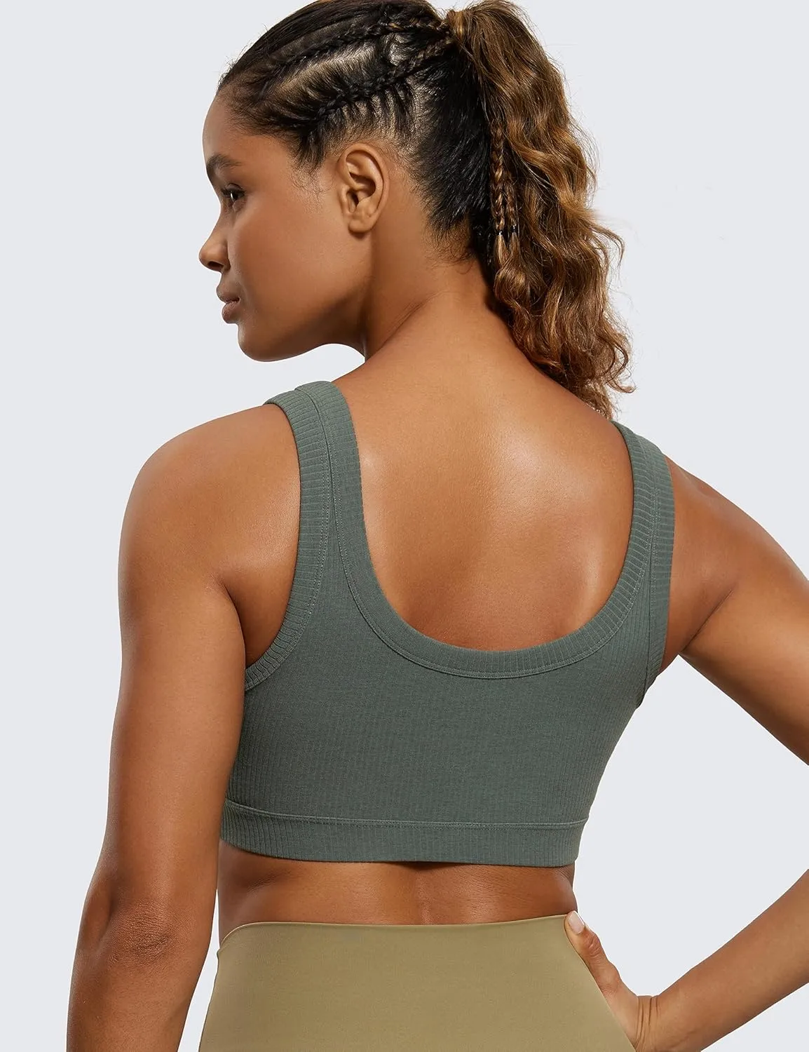 CRZ YOGA Ribbed Sports Bras for Women - U Back Wireless Medium Impact Padded Yoga Workout Cami