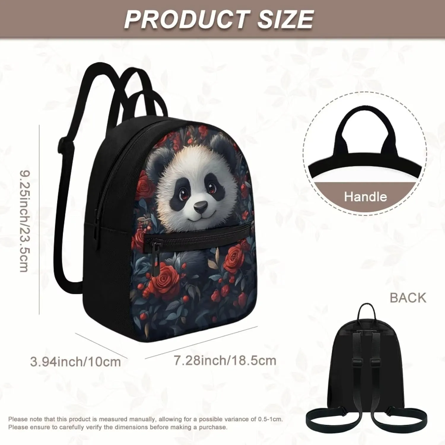 Cute Panda Floral Small Women's Backpack, Stylish Durable Daypack, Non-Waterproof Mini Rucksack with Adjustable Straps, Fits Phone/Wallet