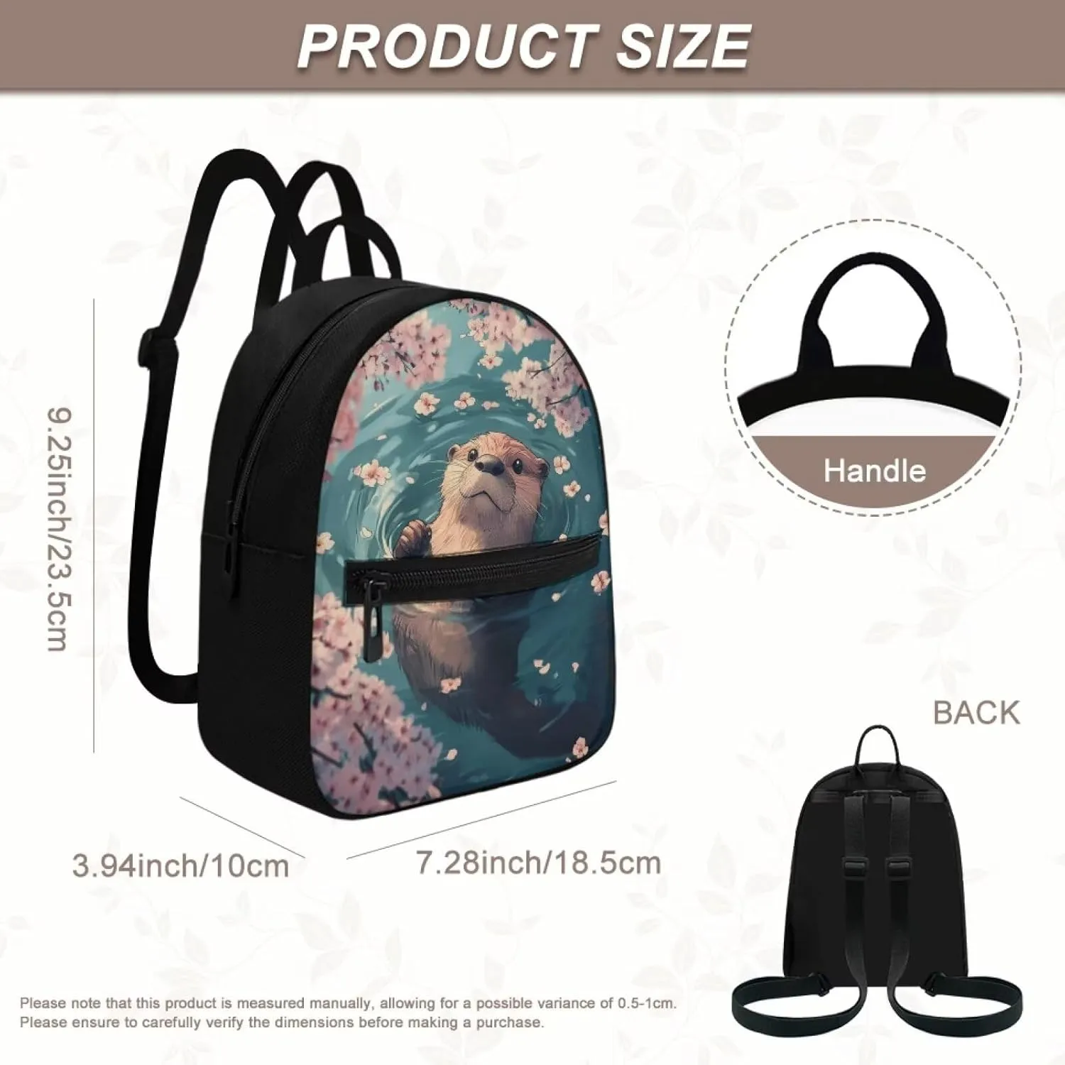 Cute Sea Otter Cherry Blossom Women Mini Backpack, Lightweight Durable Baby Bag, Small Anti-Theft Design with Adjustable Straps