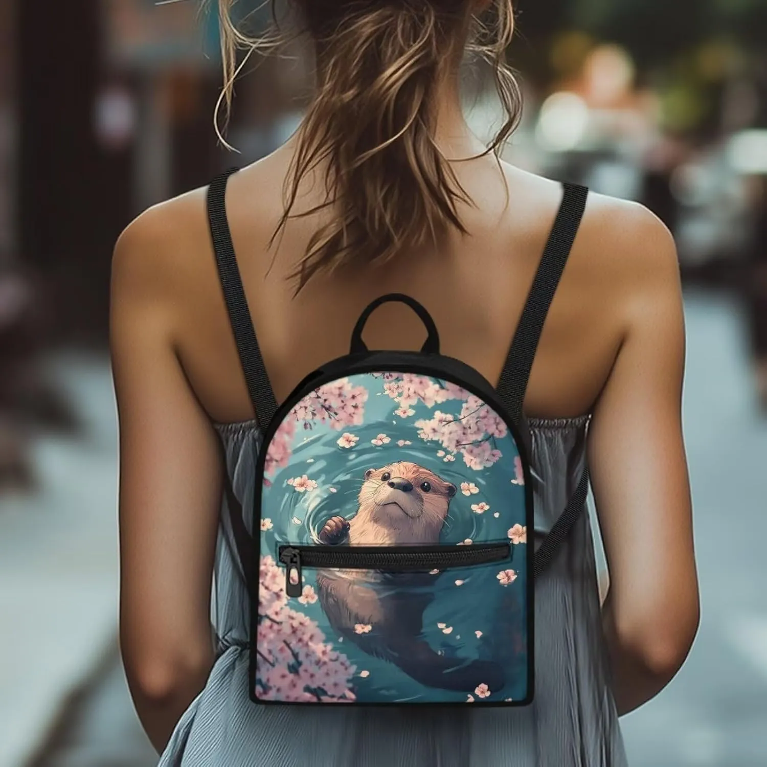 Cute Sea Otter Cherry Blossom Women Mini Backpack, Lightweight Durable Baby Bag, Small Anti-Theft Design with Adjustable Straps
