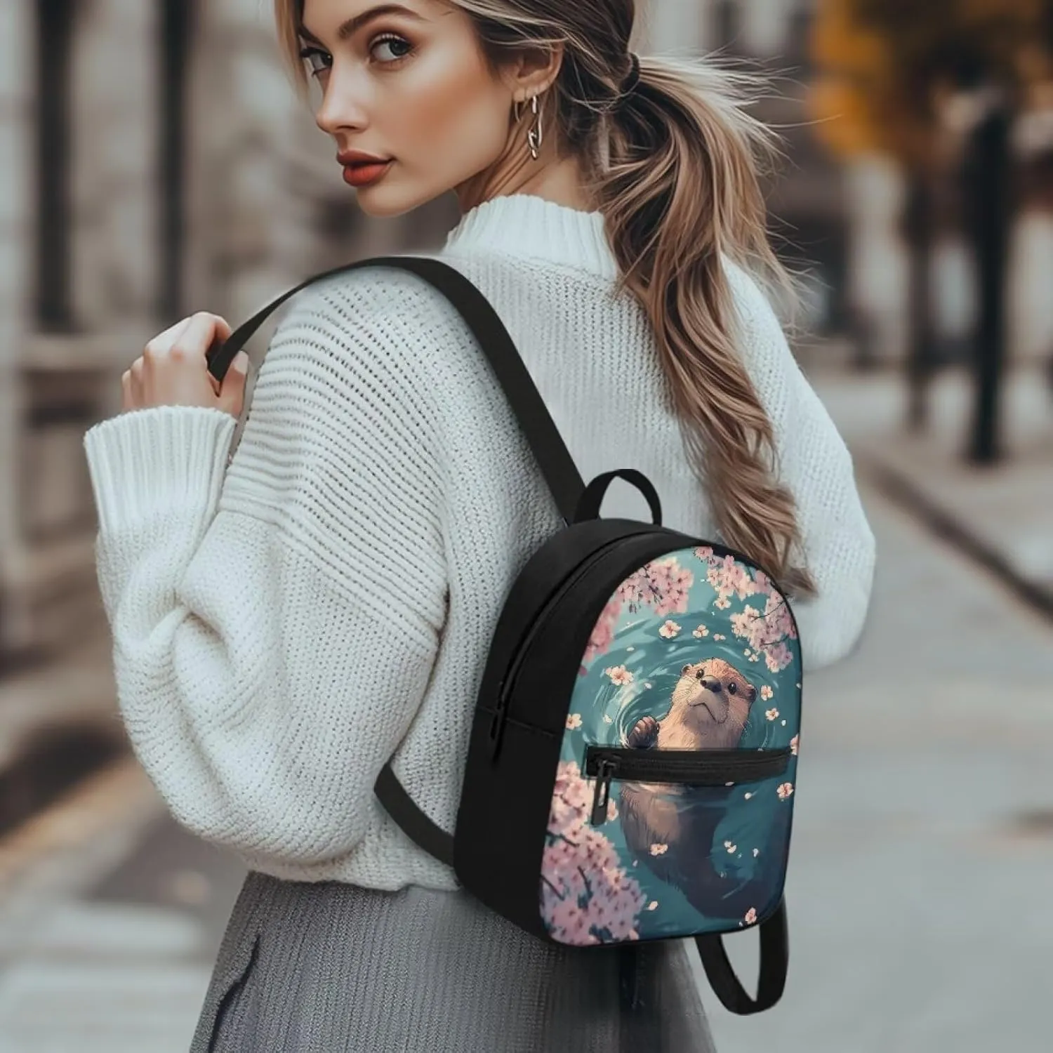 Cute Sea Otter Cherry Blossom Women Mini Backpack, Lightweight Durable Baby Bag, Small Anti-Theft Design with Adjustable Straps