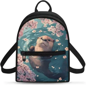 Cute Sea Otter Cherry Blossom Women Mini Backpack, Lightweight Durable Baby Bag, Small Anti-Theft Design with Adjustable Straps